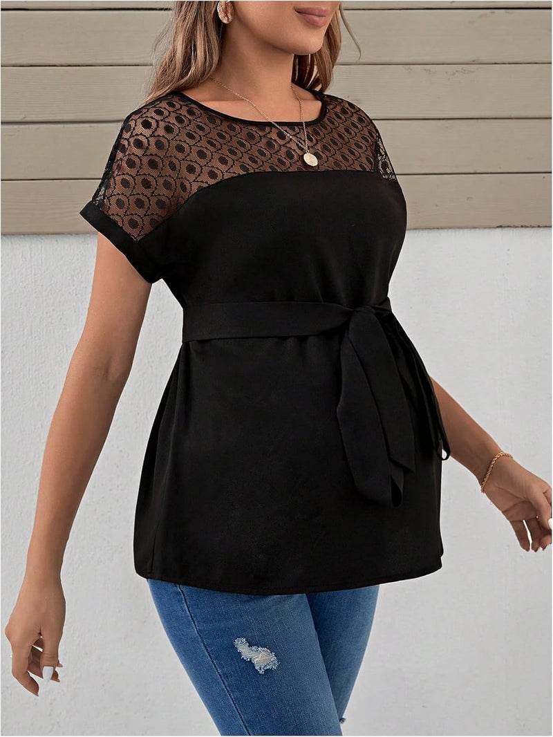 MakeMeChic Women's Maternity Blouse Crew Neck Short Sleeve Contrast Mesh Belted Pregnancy Top - Image 4